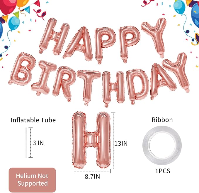 Rose Gold Happy Birthday Balloon Banner, 16 Inch Foil Mylar Happy Birthday - Image 3
