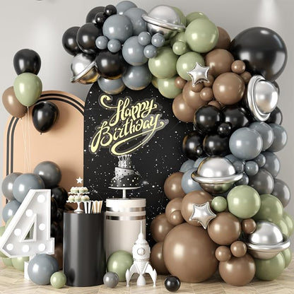 Green Gray Balloon Arch Kit, Sage Green Gray Brown Metallic Silver Balloons by Sowide