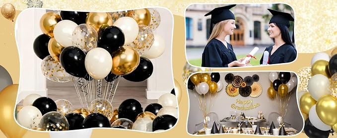 Graduation Latex Balloons with Ribbons, 45 Pack in Black Gold White Golden and - Image 5