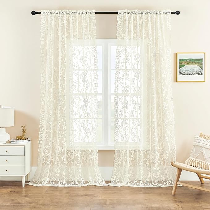 FOLKSIDE Ivory Lace Curtains, 2 Panels, Rod Pocket, Sun Protection, Living Room by FOLKSIDEHomeDecoration