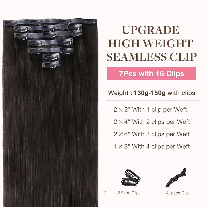 GOO GOO Clip in Hair Extensions Real Human Hair, Remy Human Hair Extensions Clip ins for Women, Natural Human Hair, 22 Inch 140g 7Pcs, 2 Dark Brown