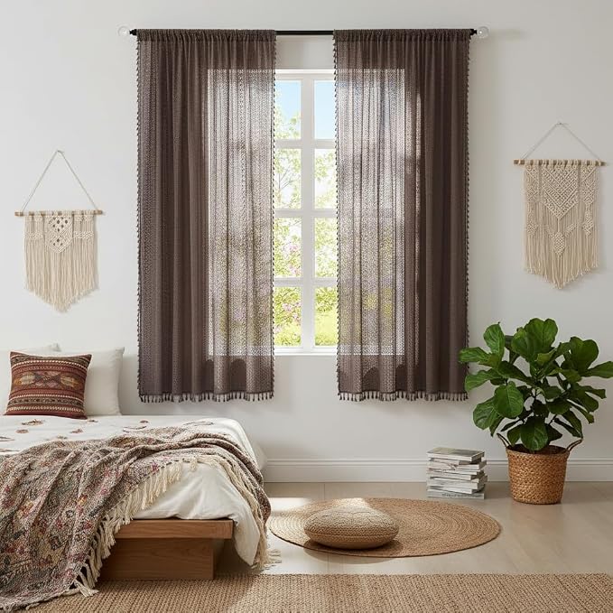 WAZZIO Boho Lace Curtains 63 Inches 2 Panel, Light Filtering Privacy Tassel & - Image 3