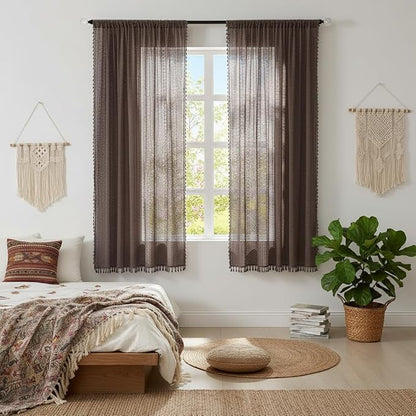 WAZZIO Boho Lace Curtains 63 Inches 2 Panel, Light Filtering Privacy Tassel & - Image 3
