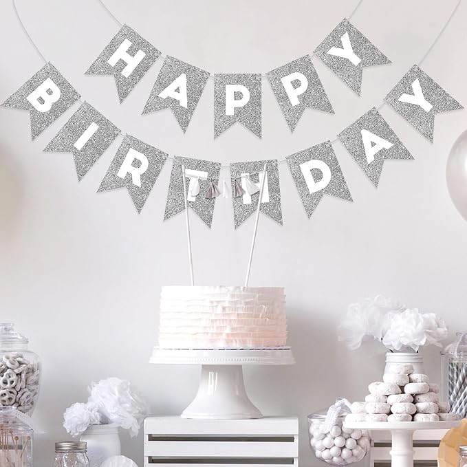 Silver Happy Birthday Banner Happy Birthday Sign - Image 2