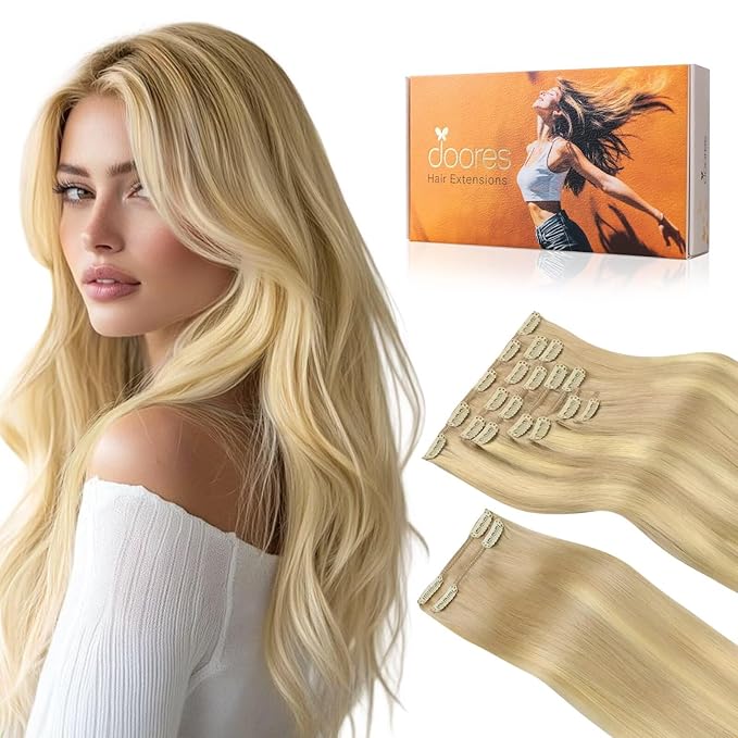 DOORES Clip in Extensions Human Hair, Dirty Blonde Mixed Platinum Blonde 18 Inch 150g 9pcs, Hair Extensions Real Human Hair Natural Remy Clip in Hair Extensions Silky Thick Human Hair Extensions