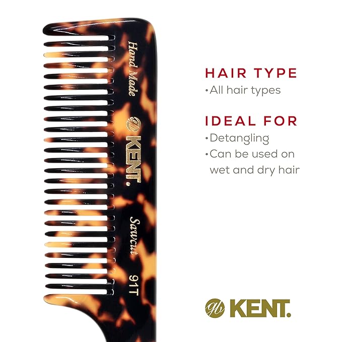 Kent 91T TY Wide Tooth Detangler Hair Comb for Women and Men - for Curly and Wavy Hair - and Wet Hair Comb, Large Handle Wide Tooth Shower Comb for Effective Detangling, Saw-Cut Handmade and Polished
