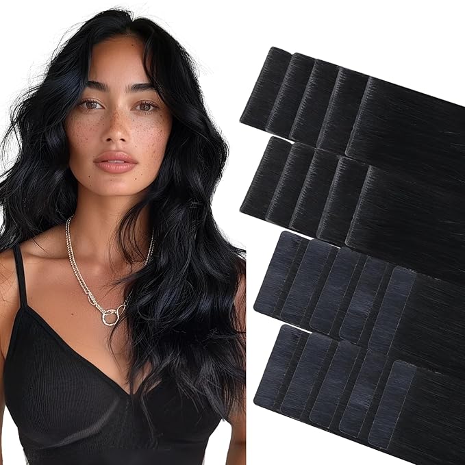 GOO GOO Invisi Edge Tape in Hair Extensions Human Hair, 1 Jet black 10pcs injected with 10pcs classical tape ins, 10inch 30g, Virgin Remy Hair, Natural Look