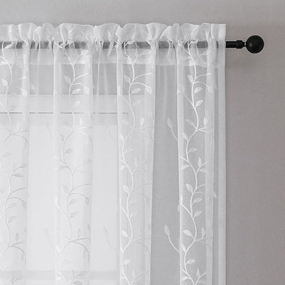 White Sheer Curtains Leaf Embroidery Linen 96 Inches Long | Light Filtering - Image 3