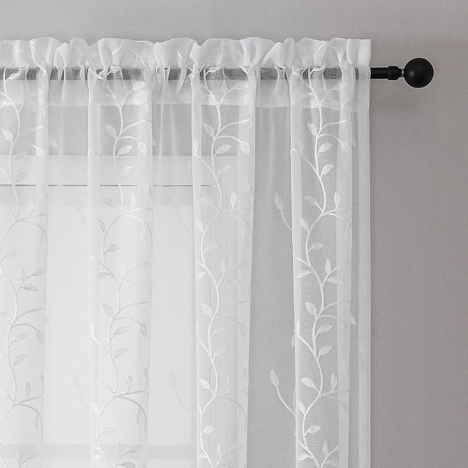White Sheer Curtains Leaf Embroidery Linen 96 Inches Long | Light Filtering - Image 3
