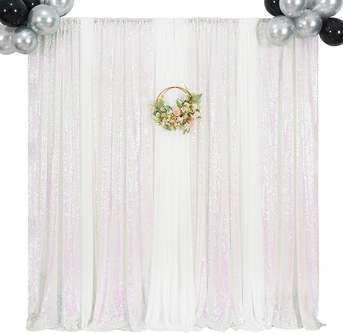 Poise3EHome White Iridescent Sequin Backdrop Curtains, 2 Panels 2FTx8FT Glitter - Image 2