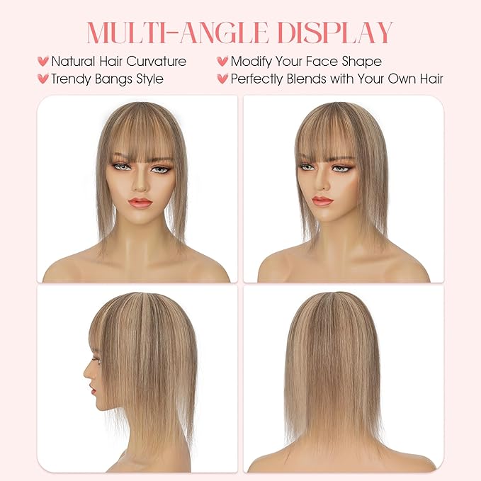 Hairro Mono Hair Toppers with Bangs, 3.4" x 3.4" Mono Base 100% Real Human Hairpieces for Women, 150% Density Clips In Topper for Greyish Thinning Hair, 18 Inch Medium Brown Mix Dark Blonde