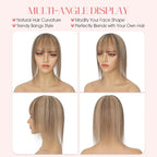 Hairro Mono Hair Toppers with Bangs, 3.4" x 3.4" Mono Base 100% Real Human Hairpieces for Women, 150% Density Clips In Topper for Greyish Thinning Hair, 18 Inch Medium Brown Mix Dark Blonde
