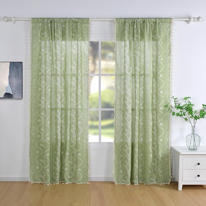 Schweek Sage Green Boho Curtains 2 Panels 96 Inches Long - Image 2