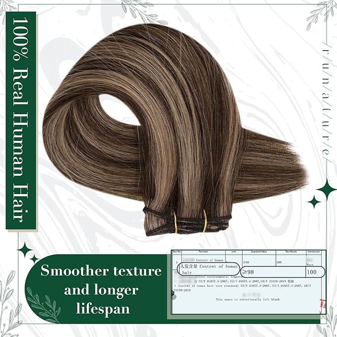 RUNATURE Real Hair Extensions Clip Ins, Brown Clip in Hair Extensions with Highlights, Double Weft Natural Hair for Women, Easy to Apply, 16 Inch 50g 3pcs #3P12 Brown Mix Blonde