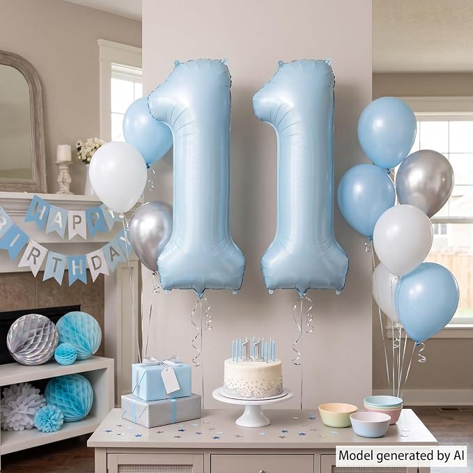 Baby Blue Number 11 Balloon 40 Inch, Pastel Foil Digit Theme Party Supplies | - Image 3