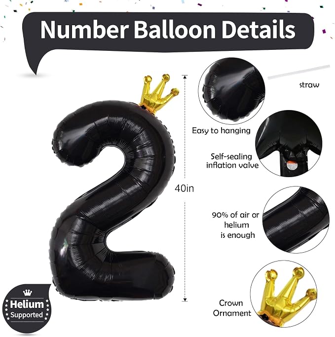 40 Inch 2nd Birthday Balloon Number, Crown Black Foil Giant Number Balloons 0-9 - Image 2