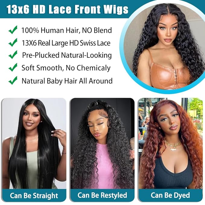 SOSATISFY 13x6 Deep Wave Lace Front Wigs Human Hair Pre Plucked 26 Inch HD Transparent Lace Frontal Curly Wigs 200% Density Glueless Deep Curly Wigs For Women Natural Black