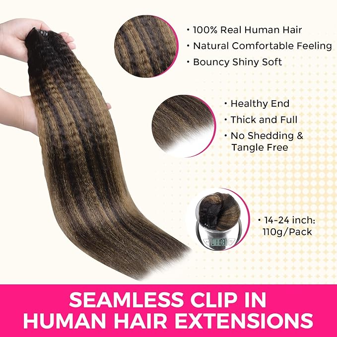 Lashey Seamless Clip in Hair Extensions Human Hair 110g 7pcs Kinky Straight Natural Black Mixed Chestnut Brown Clip in Hair Extensions for Black Women 14 Inch 100% Remy Human Hair Extensions