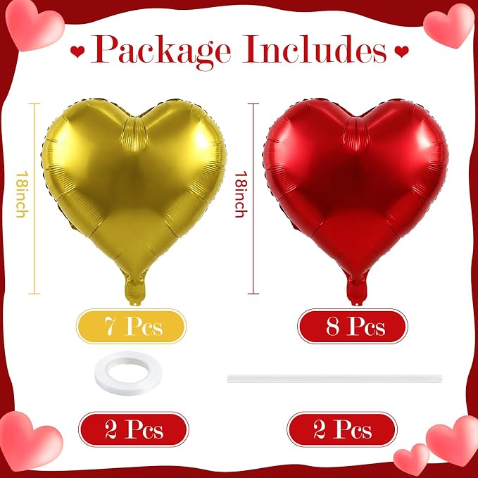 TONIFUL 15 Pack 18 Inch Matte Red and Gold Heart Foil Balloons – Mylar Heart - Image 2