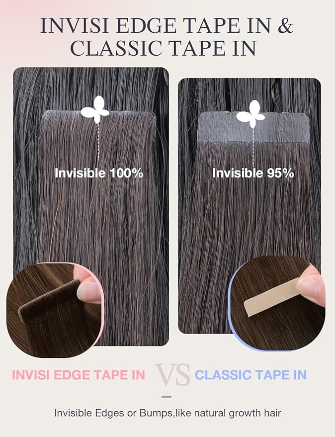 DOORES Invisi Edge Human Hair Extensions Tape in, Chocolate Brown 10 Injection Tape-ins with 10 Injection Tape-ins 50g 24 Inch, Injected Tape in Extensions Virgin Human Hair