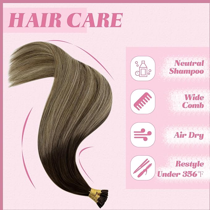 YoungSee I Tip Hair Extensions Human Hair Balayage Itip Hair Extension Real Human Hair Ombre Dark Brown to Brown with Blonde Itip Hair Extension 16 Inch Pre Bonded 80s 50g
