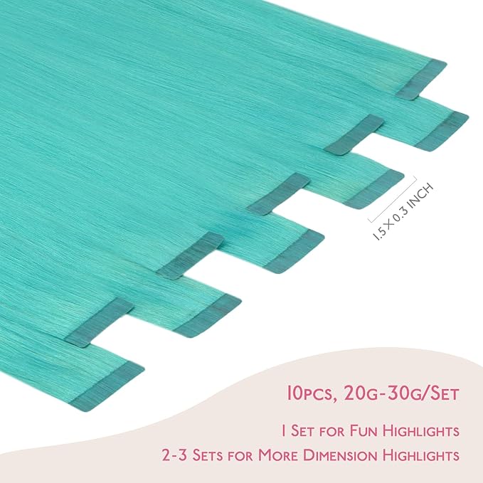 WENNALIFE Tape in Hair Extensions Human Hair Teal Green Tape in Extensions, 10pcs 20g 10 inch Remy Invisible Tape Ins Straight Colored Soft Real Human Hair Tape in Extensions Refill Set Extensions