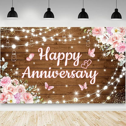 AIBIIN Pink Floral Happy Anniversary Banner Backdrop 6x3.6ft | Happy by AIBIIN