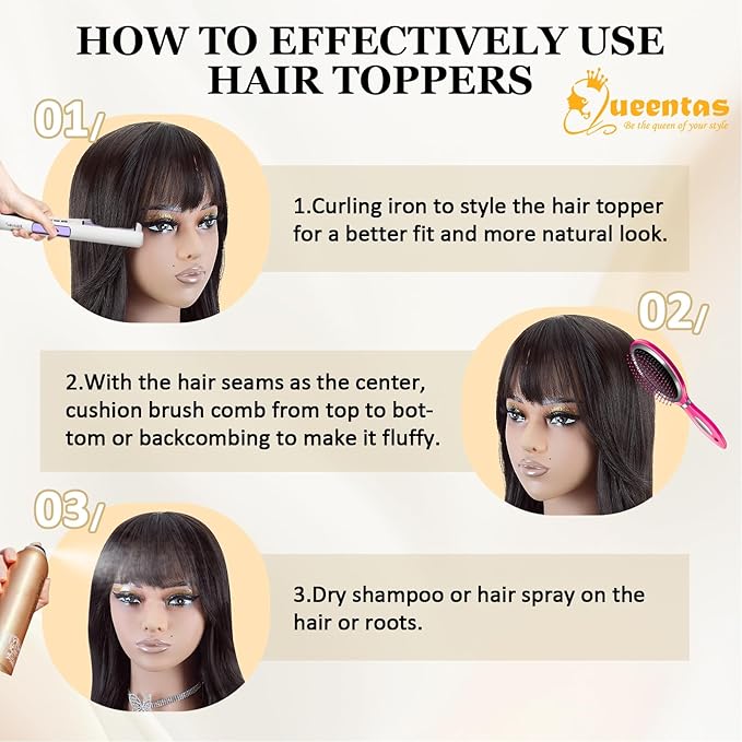 QUEENTAS 21" Curly Hair Topper for Women with Thinning Hair Daily Wear 360°3D Cover Up 6.5"*6" Fluffy Brown Body Wave Hair Pieces with Bangs(Dark Brown)