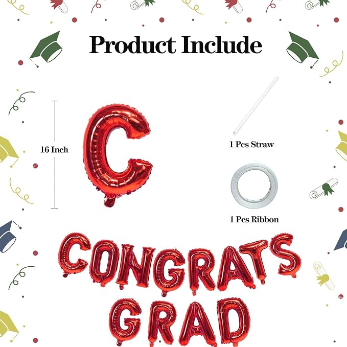 16 Inch Red Congrats Grad Banner Balloons, Graduation Decorations 2026 - Image 2
