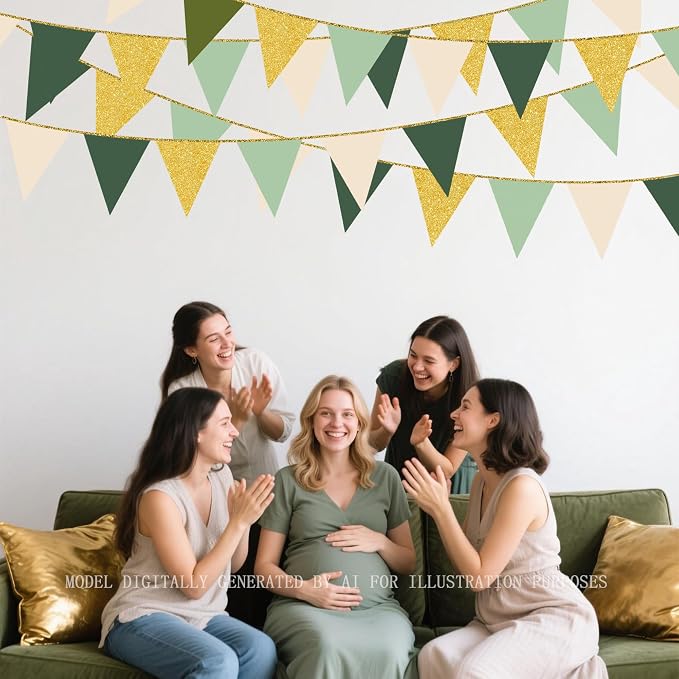 Sage Green Gold Party Decorations Pennant Banner Flag Olive Green Cream Beige - Image 9
