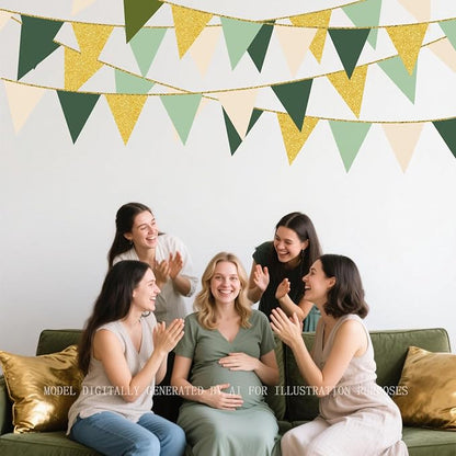 Sage Green Gold Party Decorations Pennant Banner Flag Olive Green Cream Beige - Image 9