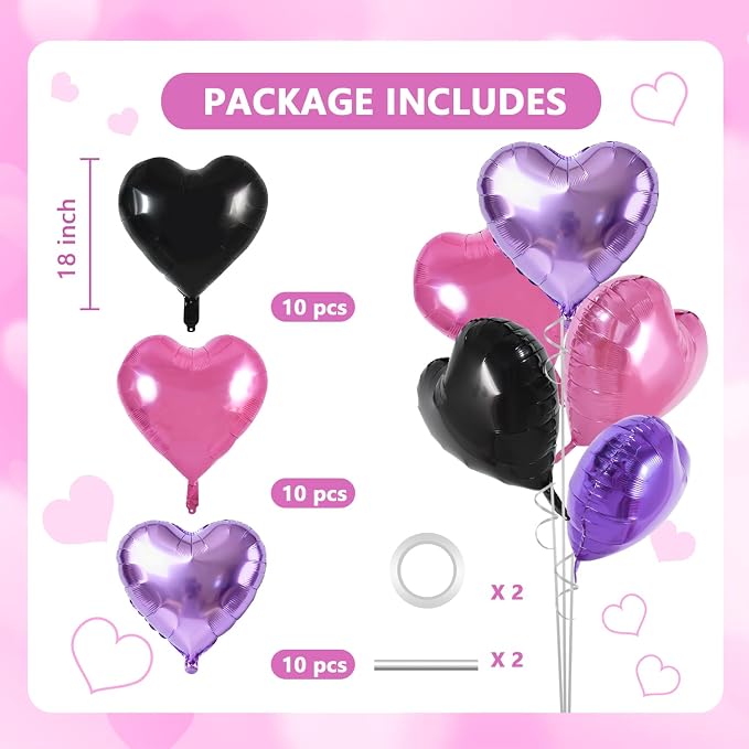 TONIFUL 15 Pcs 18 Inch Pink Black Purple Heart Shape Foil Mylar Balloons | - Image 2
