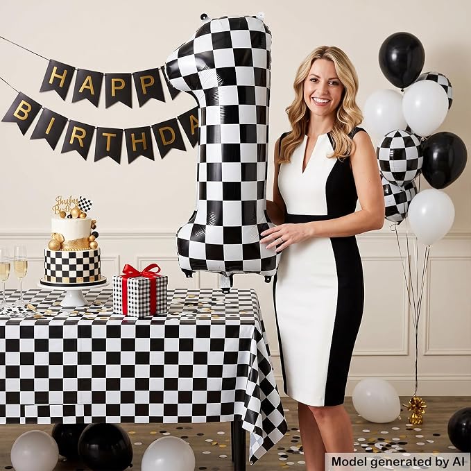 40" Checkered Number 1 Balloon for 1th Race Theme Birthday Party Supplies | 40 - Image 4