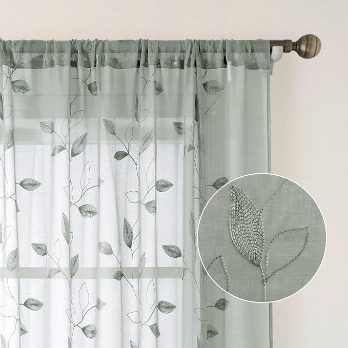 HOMEIDEAS Sage Green Sheer Kitchen Curtains 52 x 45 Inch Length 2 Panels - Image 5