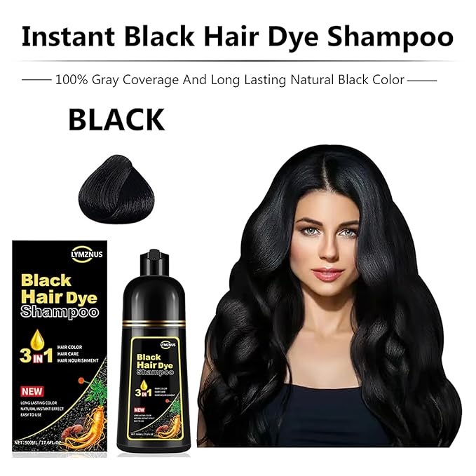 Herbal Black Hair Dye Shampoo 3 in 1 for Gray Hair, Instant Hair Color Shampoo for Women & Men, Black Hair Shampoo for 100% Grey Coverage 500ML