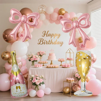 6 Pcs Pink Bow Balloons, Huge Rose Gold Champagne Bottle Goblet Aluminum Foil - Image 2