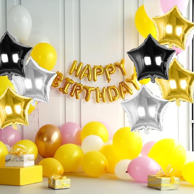 Black Gold Silver Star Foil Balloons, 18 Inch Metallic Black and Gold Stars - Image 9