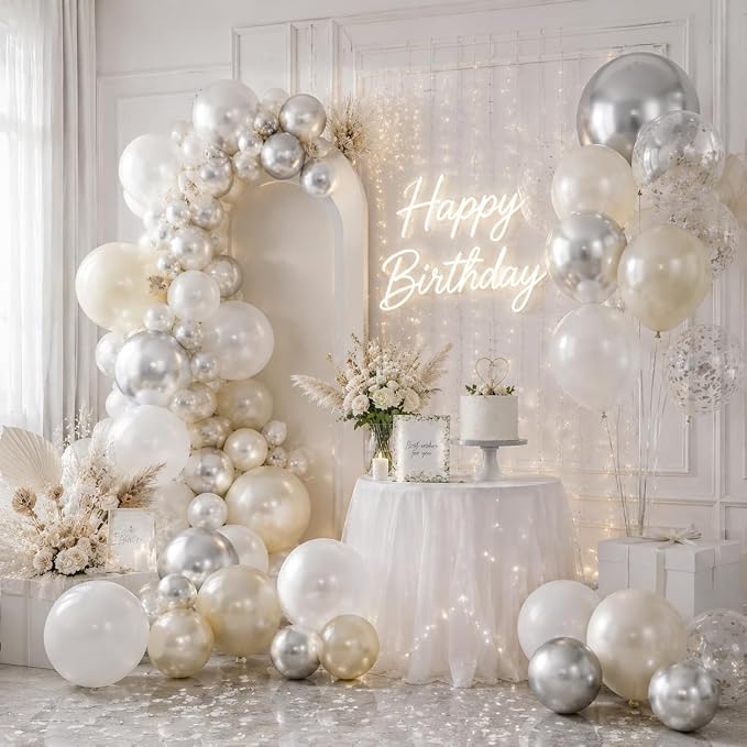 White and Silver Balloon Arch Kit, Double Stuffed Pearl Sand White Metal Silver - Image 4