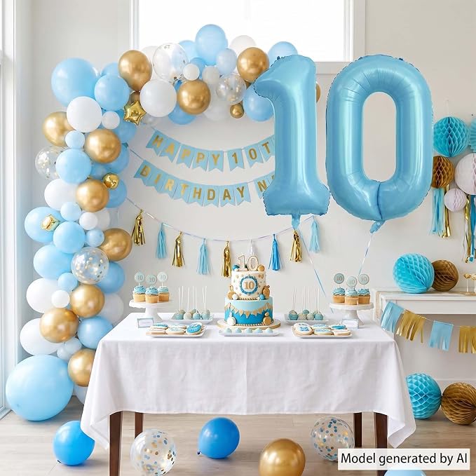 Pearlescent Blue Number 10 Balloon 40 Inch, Large Light Blue Foil 10th Birthday - Image 7