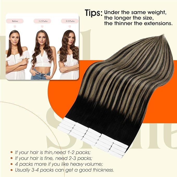 Full Shine Tape in Hair Extensions Real Hair 18Inch Tape in Human Hair Black Roots Tapes in Extensions 50Gram Balayage Off Black Fading to Honey Blonde Seamless Hair Extensions 20Pcs 1B/27/1B Natural