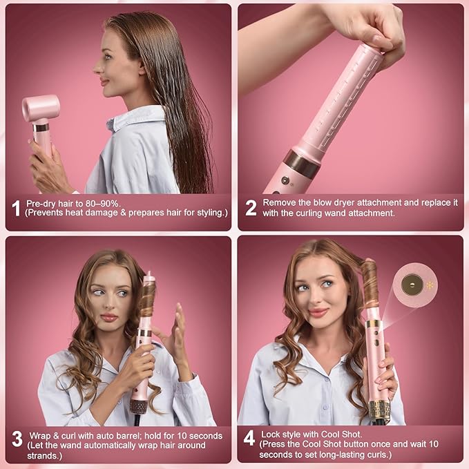Dual Voltage StyleVibe 8-in-1 Air Styler, Hair Dryer & Blow Dryer Brush with Travel Case - Auto Wrap Curls (L/R), Fast Drying, Thermal Brush for Blowouts & Frizz-Free Volume, No Heat Damage