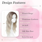 Hair Topper, 360° 3D Hair Toppers for Women with Thinning Crown, 20 Inch Long Wavy Curly Hair Pieces Clip in Bangs (Ash Blonde Mix Highlights with Brown Root, 20 inch, Side Bangs)