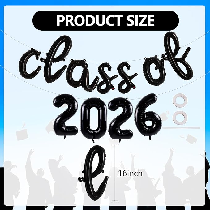 TONIFUL Black Cursive Class of 2026 Graduation Balloon Banners 2026 - Image 2