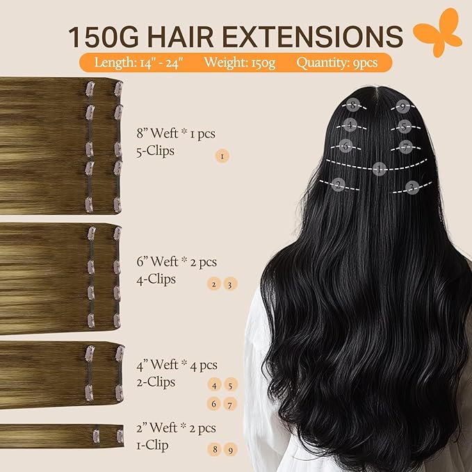 DOORES Human Hair Extensions, Medium Brown Highlighted Dirty Blonde 150g 9pcs 14 Inch, Remy Natural Clip in Extensions