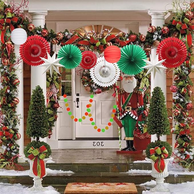 Christmas Party Decoration Set of Hanging Tissue Paper Fans Circle Garland - Image 4
