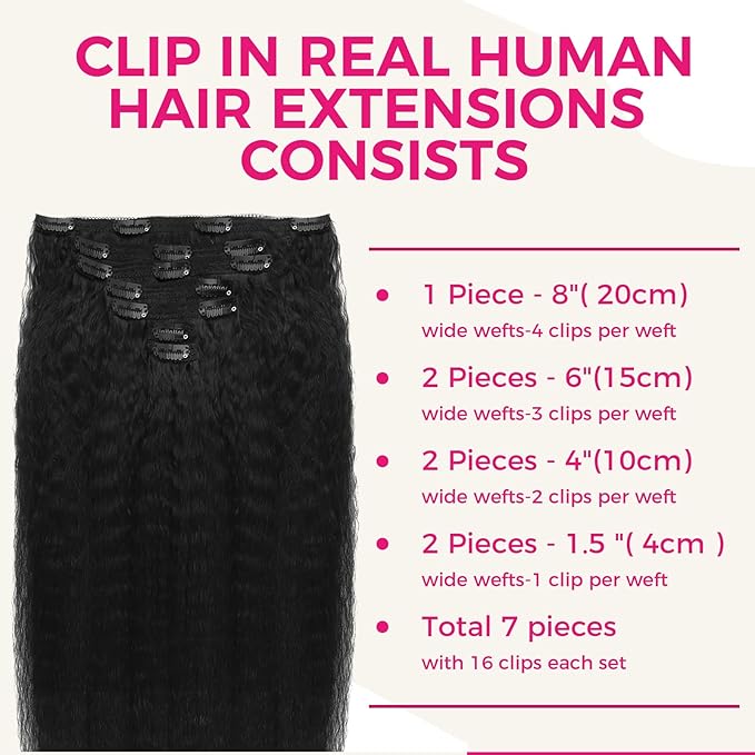 Lashey Clip in Hair Extensions Real Human Hair, Kinky Straight Hair Natural Black #1B 7pcs 120g 22 Inch Clip in Hair Extensions Remy Human Hair with Lace Weft Thick Human Hair for Women