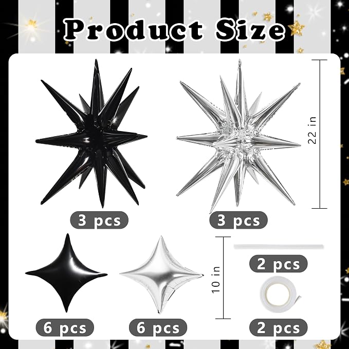 TONIFUL 18Pcs 22Inch Black Silver Large Explosion Star Mylar Balloons and - Image 2