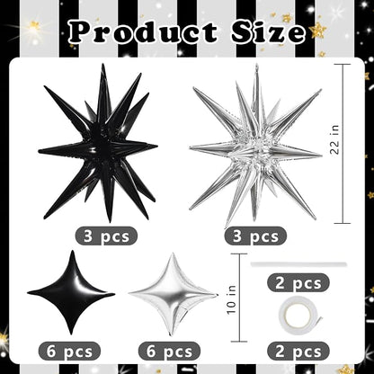 TONIFUL 18Pcs 22Inch Black Silver Large Explosion Star Mylar Balloons and - Image 2