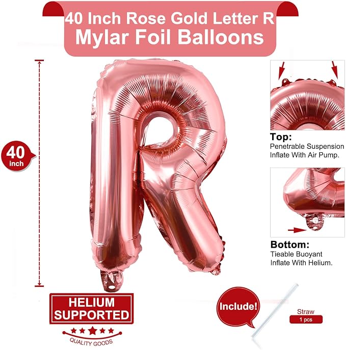 Lovoir 40 Inch Large Rose Gold Letter R Balloons Big Size Jumbo Mylar Foil - Image 2