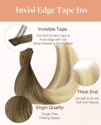 GOO GOO Invisi Edge Tape in Hair Extensions Human Hair, 3/8/613 Walnut Brown to Ash Brown and Bleach Blonde 10pcs injected with 10pcs classical tape ins, 14inch 50g, Virgin Remy Hair, Natural Look